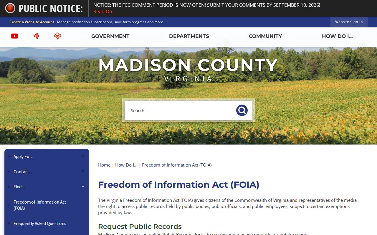Madison County warrant records, county FOIA page and official request options