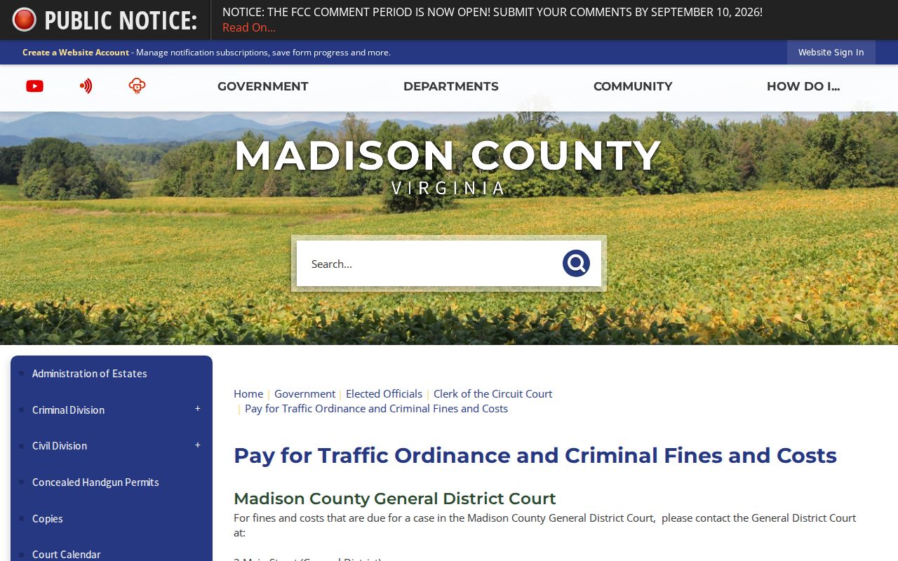 Madison County traffic warrant records, local General District payment and court contact page