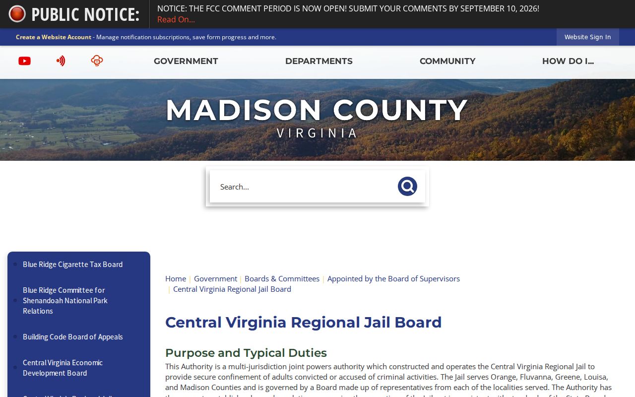 Madison County warrant process, Central Virginia Regional Jail Authority page