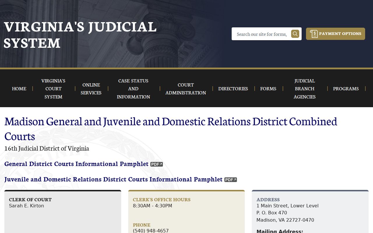 Madison County warrant records, General District and JDR court contact page